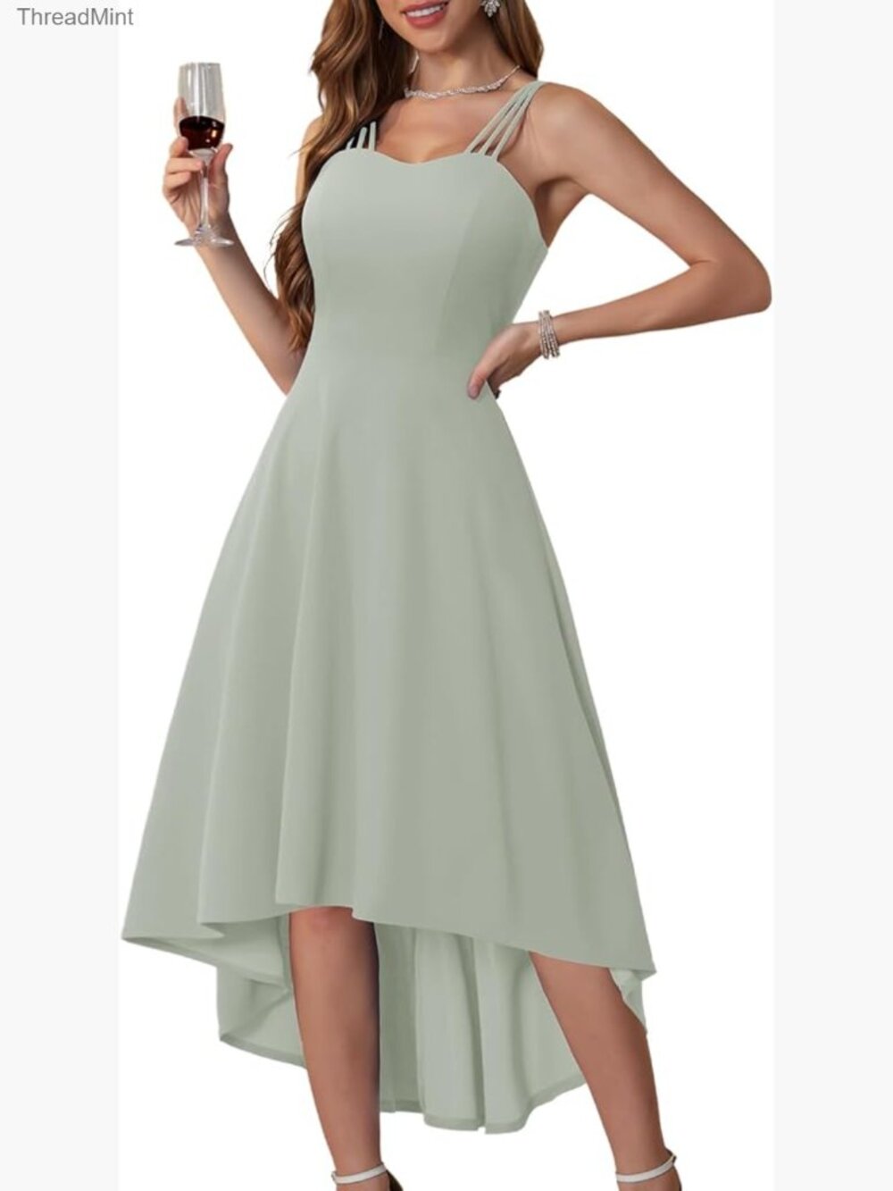 V-Neck A-Line Cocktail Dress with High-Low Hem, Zipper Back, Tea Length